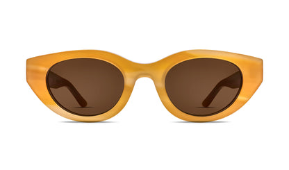 Cat-eye sunglasses with yellow acetate frame and dark tinted lenses