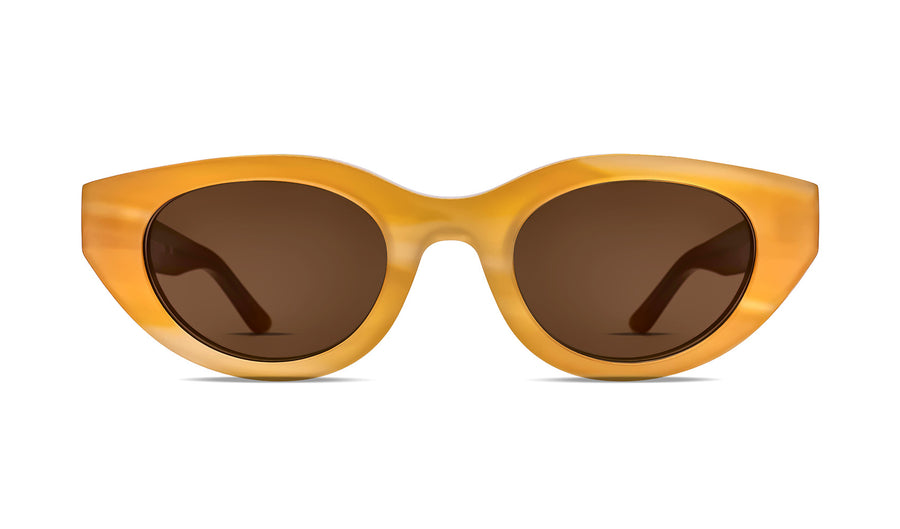Cat-eye sunglasses with yellow acetate frame and dark tinted lenses