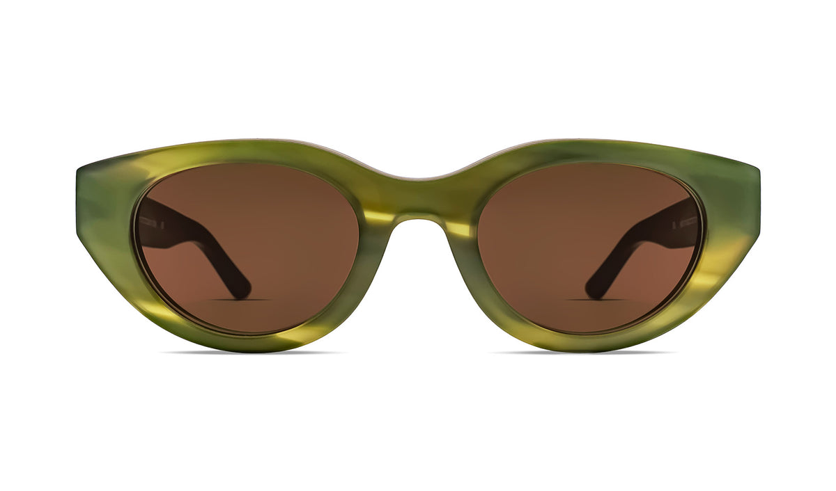 Cat-eye sunglasses with green acetate frame and dark tinted lenses