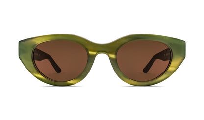 Cat-eye sunglasses with green acetate frame and dark tinted lenses