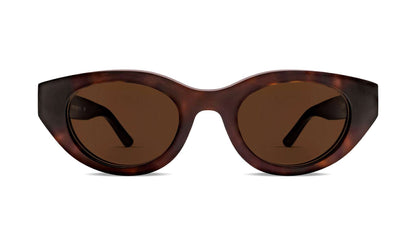 Cat-eye sunglasses with tortoiseshell acetate frame and dark tinted lenses