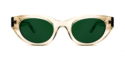 Cat-eye sunglasses with clear acetate frame and dark tinted lenses