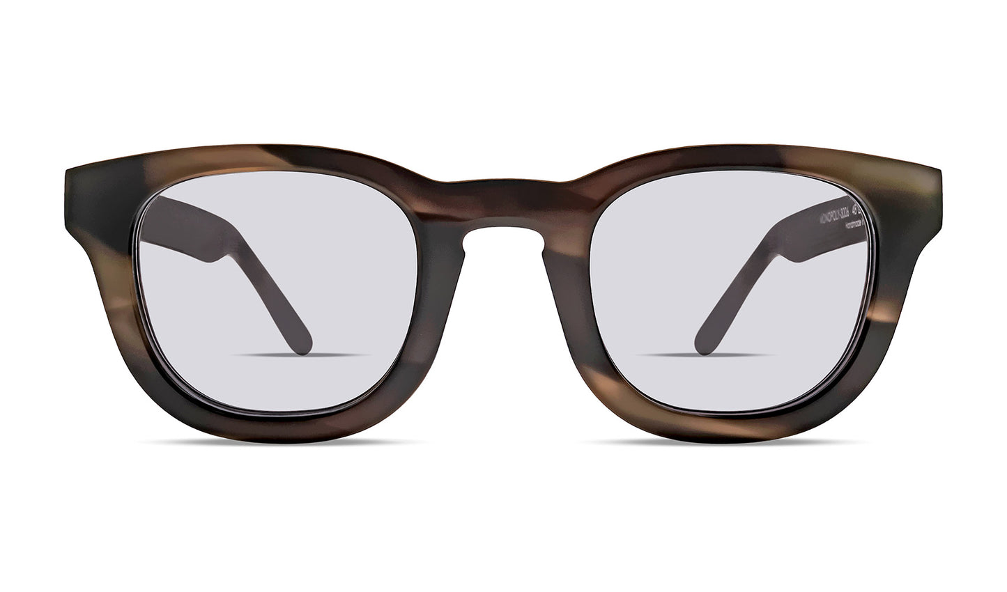 Thierry Lasry MONOPOLY luxury designer sunglasses in brown/gray pattern with light gray lenses, classic contemporary wayfarer style